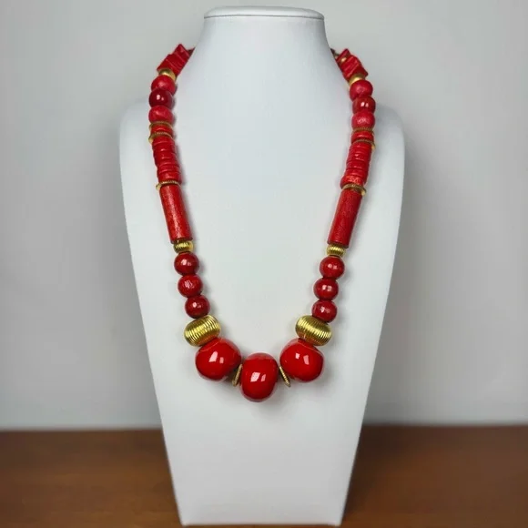 Bold Red Wood & Gold Statement Necklace – Chunky Beads, Boho Vintage Style - Picture 1 of 5